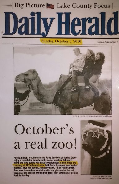 Headline of the Daily Herald featuring a camel and a person, dated October 2, 2014.
