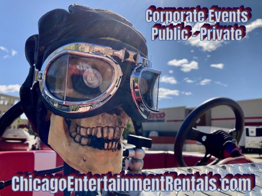 A skull wearing vintage goggles sits in a red car, promoting entertainment rentals.