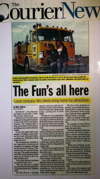 A newspaper clipping featuring a yellow truck and an article headline about fun activities.