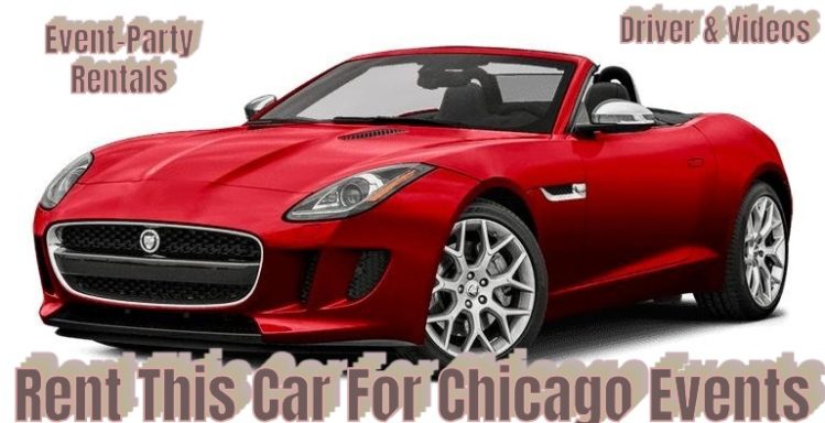 Red convertible sports car with text promoting rental for Chicago events.