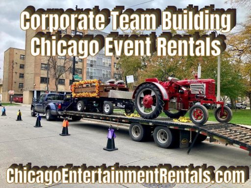 Red tractor and trailer on a truck for corporate event rentals in Chicago.