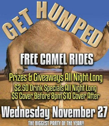 Event promotional poster for camel rides with details on prizes, drink specials, and cover charges.