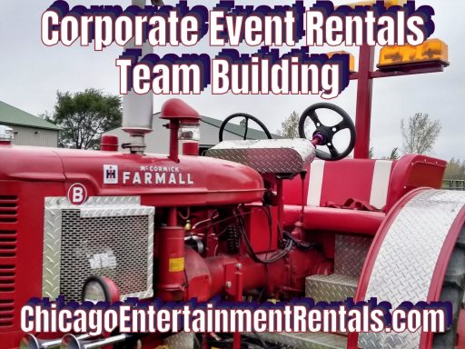 Red tractor with signage promoting corporate event rentals and team building.